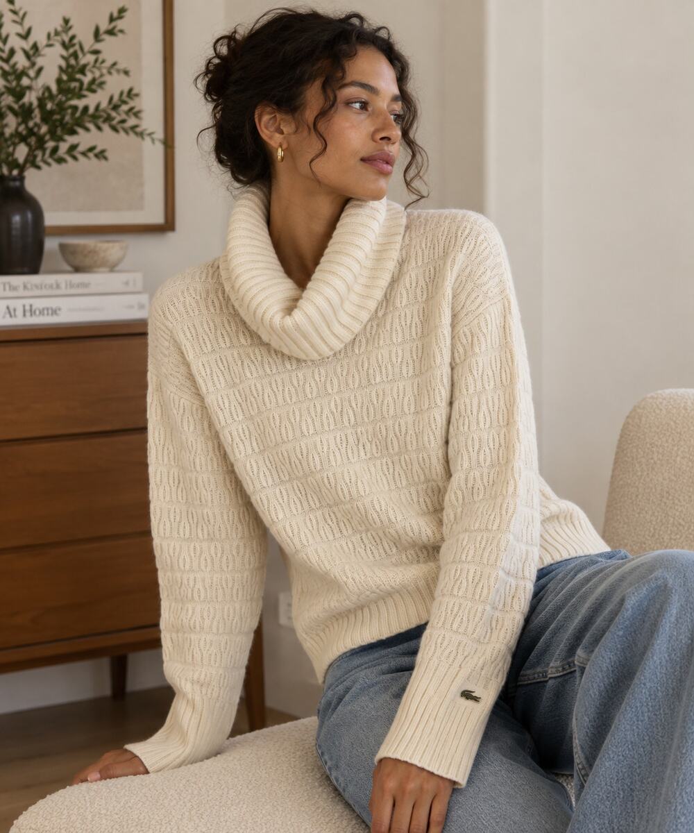 Lacoste Cream Wool Cashmere Angora Turtleneck Button Back Sweater 36 ✨